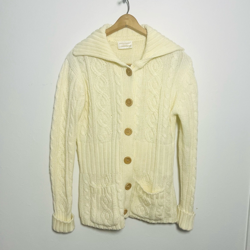 Vintage Cream Cable Knit Button Up Sweater Coastal Wear Size L